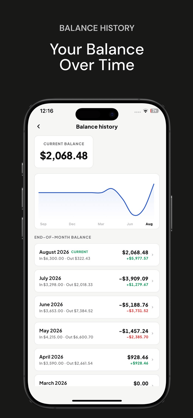 Expense Tracking balance history chart screen