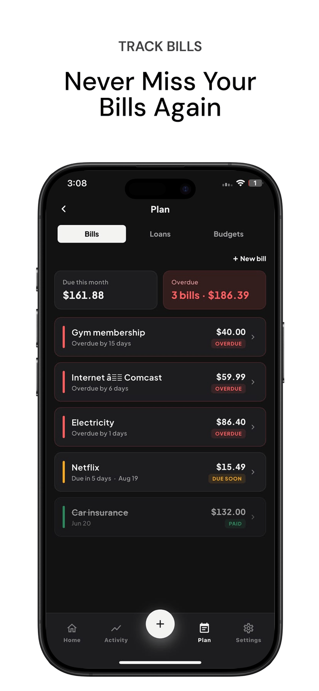 Expense Tracking bill reminders screen