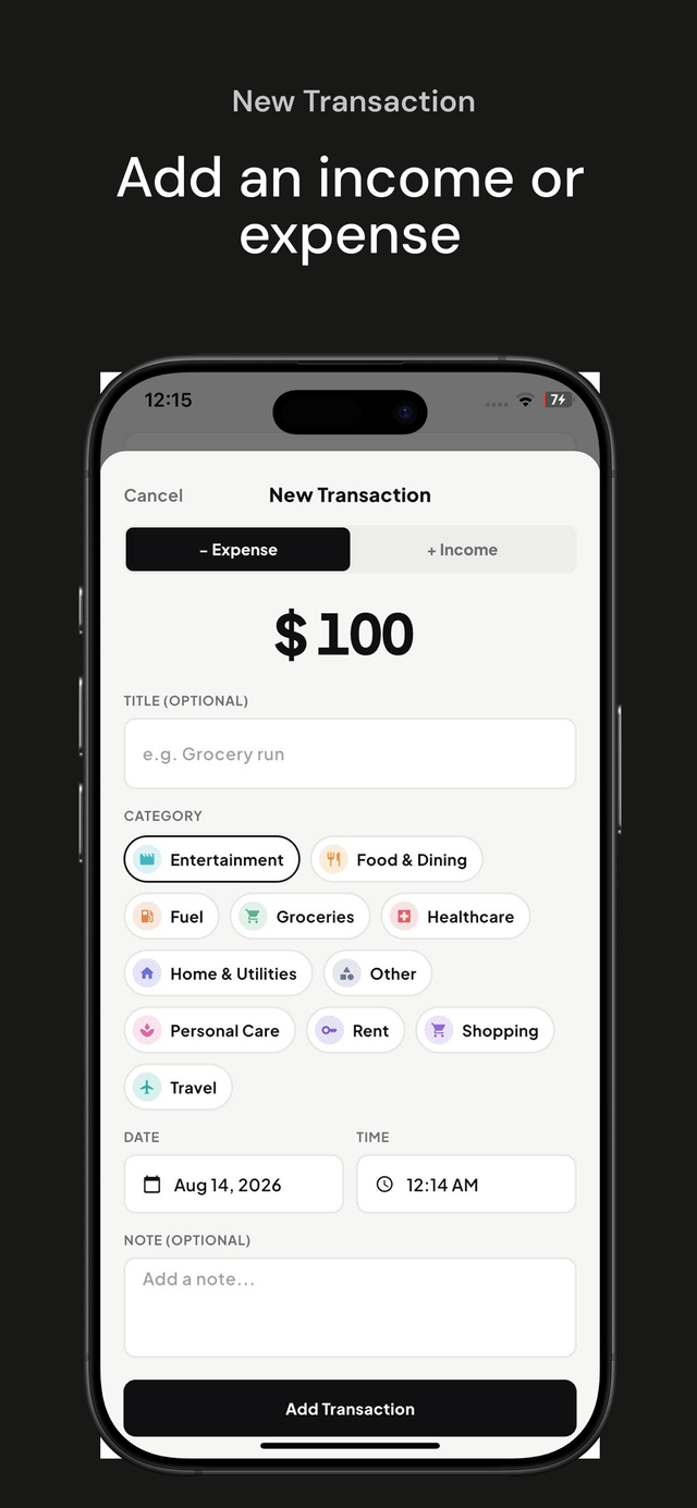 Expense Tracking add new transaction screen