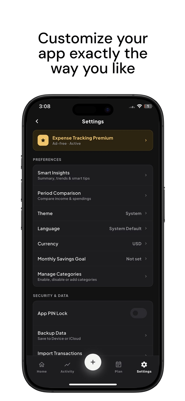 Expense Tracking settings screen