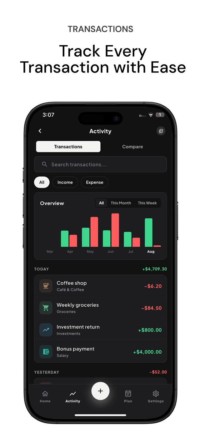 Expense Tracking transactions list screen